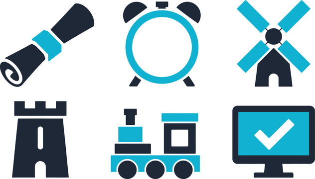 A set of flat blue and dark gray vector illustration icons featuring simple shapes like scrolls clocks and buildings
