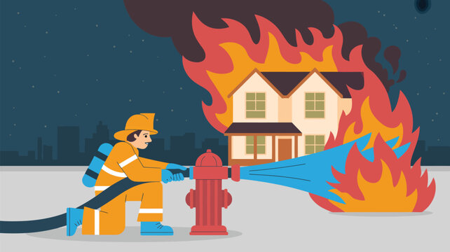 Firefighter spraying water from a hose to extinguish a burning house fire at night