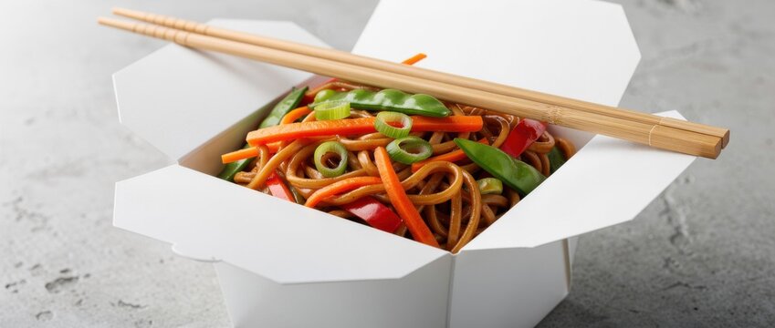 Tasty Noodles with Colorful Vegetables in Takeout Box Perfect for Asian Cuisine, Restaurant, and Food Photography, Ideal for Culinary Promotion Projects