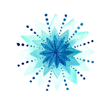 Hand Painted Blue Watercolor Snowflake Isolated on White Background