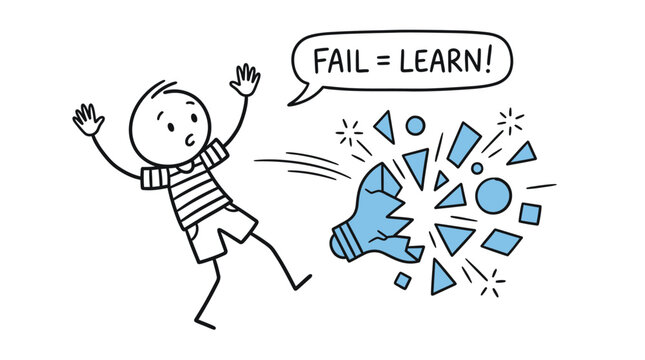 Cartoon stick figure boy reacting to a broken lightbulb with the text fail equals learn.