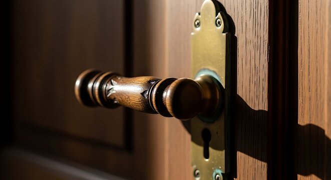 Ornate wooden door handle with antique brass plate and screws