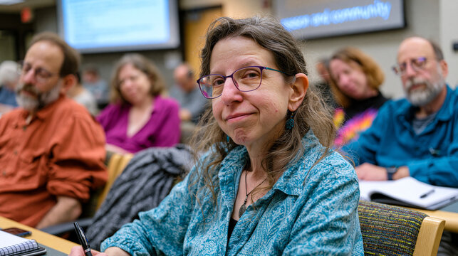 A secular humanist group meets in a public library conference room, a projected presentation titled reason and community visible on the wall, participants of varying ages taking notes and engaged in
