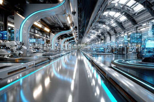 Futuristic Factory Interior with Robots and Technology