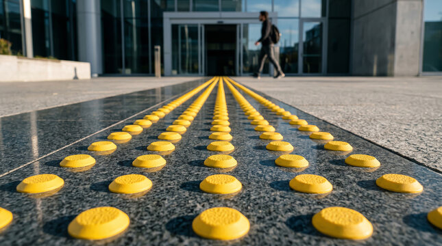 Guiding navigation textures composed of yellow tactile paving domes embedded on a polished stone walkway near a blurred person entering an office.