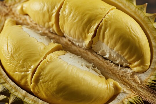 Close up of ripe yellow durian fruit. King of fruits with soft creamy pulp exposed inside spiky green rind. Sweet tropical taste, exotic food.