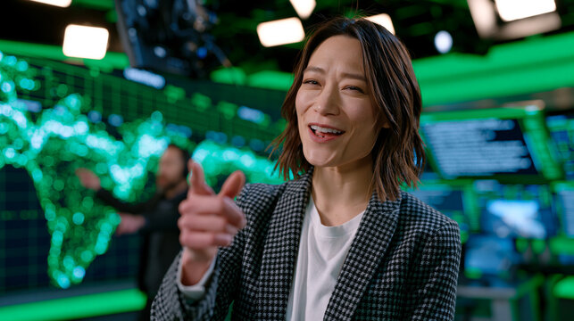 Broadcast journalist records explainer segment in television studio with AI search engine evolution timeline displayed on green screen behind her, floor director signaling countdown while teleprompt