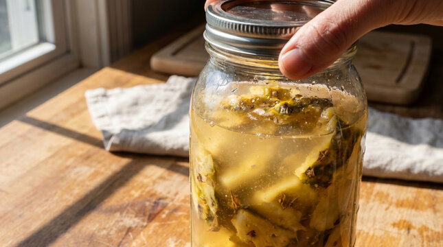 Close Crop Tepache Mason Jar Lid Sealing In Hard Sunlight