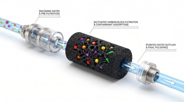 Horizontal PFAS Carbon Filter Flow Path Water Treatment Infographic