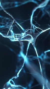 Vertical brain neuron close-up, realistic blue synapse network pulsing in dark space, 3d loop animation for mobile screens, 4K
