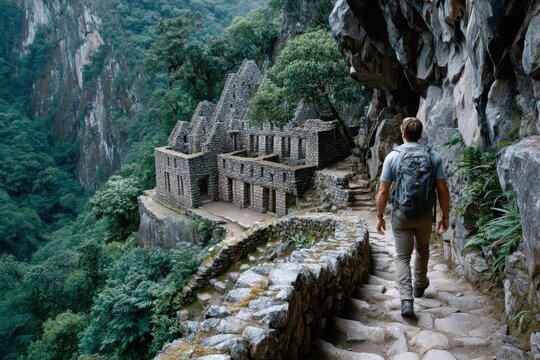 Explorer walking the ancient stone path near the ruins in lush mountain landscape