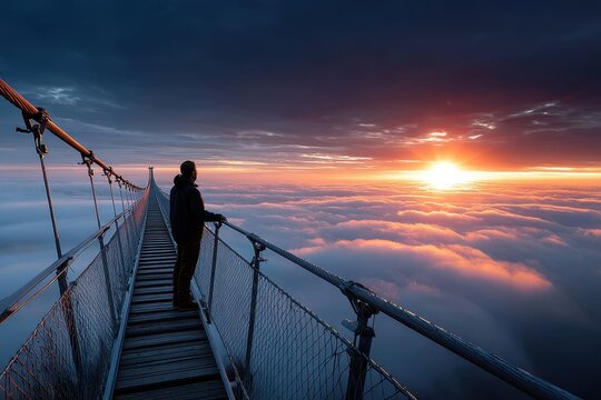 Admiring the breathtaking sunrise above the clouds from a mountain peak walkway