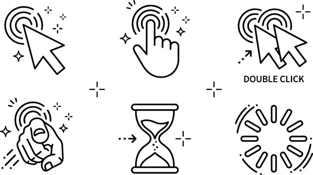 UI interaction outline icon collection with cursor click double click loading spinner timer and touch gesture vector illustration