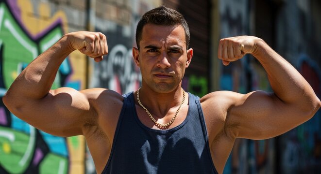 Muscular man flexing biceps confidently.
