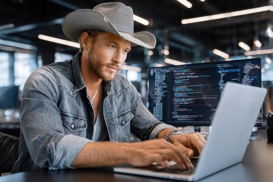 Cowboy in a hat coding at a laptop in a modern office setting during the day