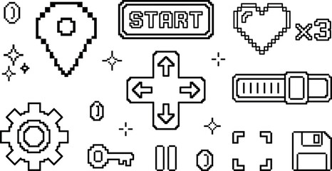 Retro pixel game UI icon collection with start button joystick controls heart life and arcade interface vector illustration © Shasa icon studio