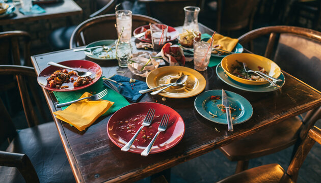 A messy dining table with empty plates, glasses, and utensils.