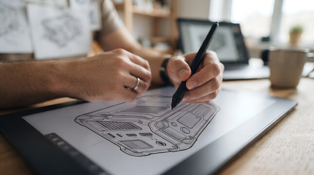Industrial designer drawing technical sketch on digital tablet with stylus at wooden desk in studio office closeup of hands creating product prototype for manufacturing engineering.