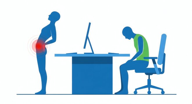 Ergonomic posture concept showing bad sitting position at computer desk and standing with lower back pain.