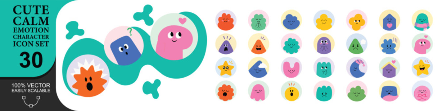 Cute calm emotion character icon set for peaceful social media expression.
