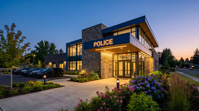 Modern police department building exterior at sunset with illuminated signage building exterior enforcement department government architecture twilight facility