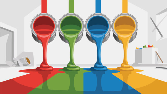 Four opened paint cans pouring streams of red, green, blue, and yellow liquid