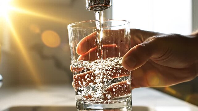 Close up of clean water pouring from a kitchen faucet into a glass drinking