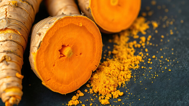 Macro closeup of fresh turmeric root sliced open showing bright orange cross section, with ground turmeric powder scattered on dark slate surface.