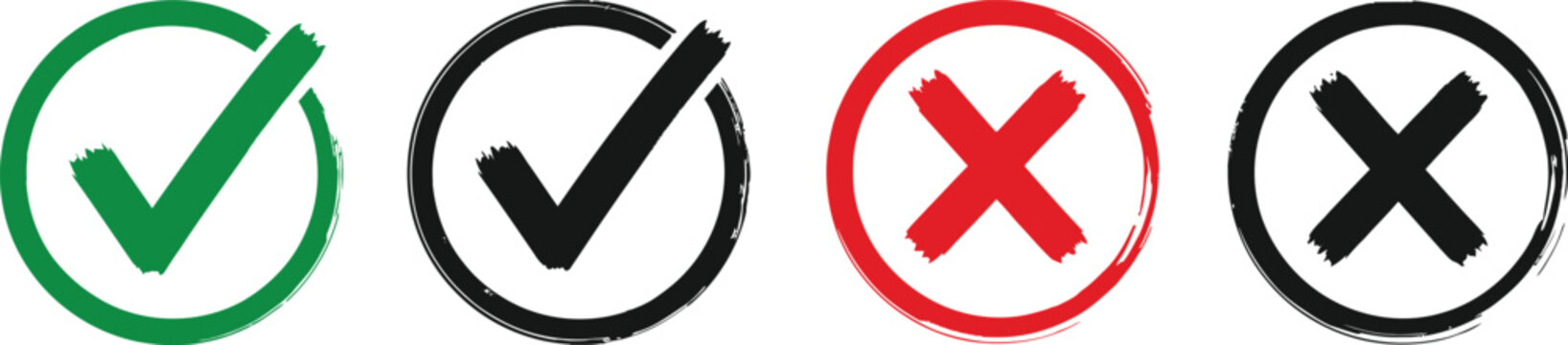 Vector check mark and cross symbols in circle green black and red colors for approval and rejection concepts