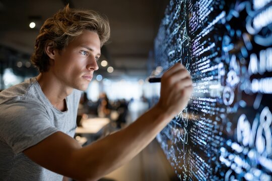 Young man actively engaging with a digital screen in a modern workspace