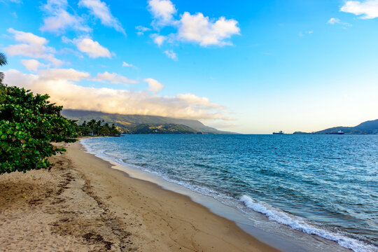 Empty beach in the tourist town of Ilhabela, Sao Paulo