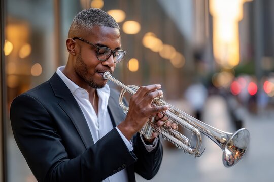 Musician plays trumpet on city street during sunset in a stylish suit