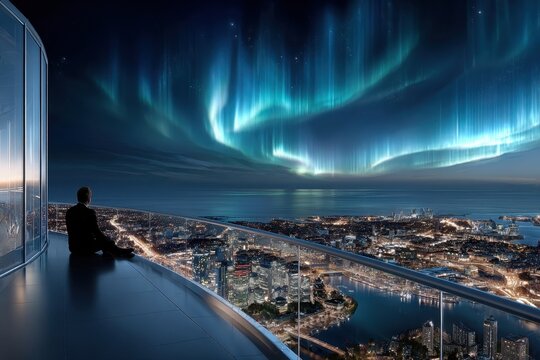 Businessman Watching Aurora Borealis from High Rise Balcony