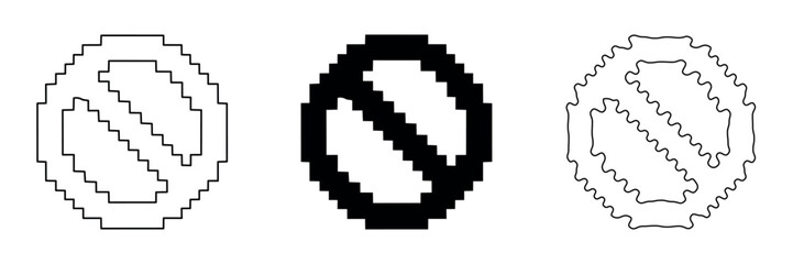 Fototapeta premium Pixelated and wavy prohibition signs in a row, representing different styles