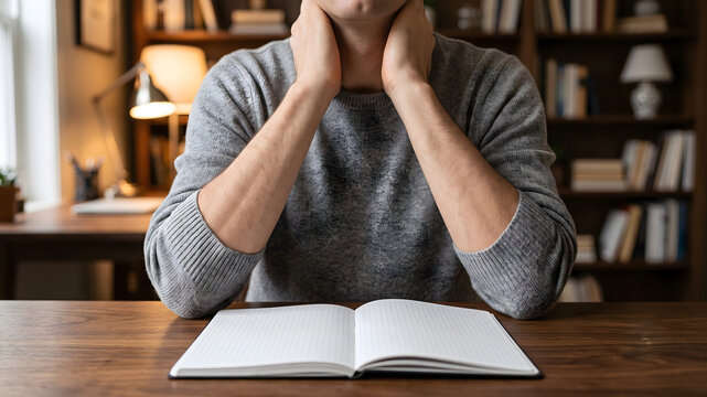 自宅のデスクで勉強や作業の合間に首をほぐしてリラックスする男性