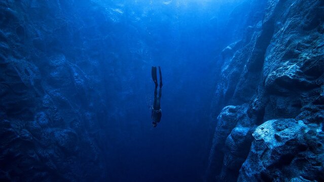 Professional Freediver Diving Deep into a Narrow Underwater Canyon Fissure in Crystal Clear Blue Water