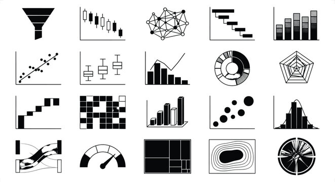 Collection of monochrome business analytics infographics and charts on a white background