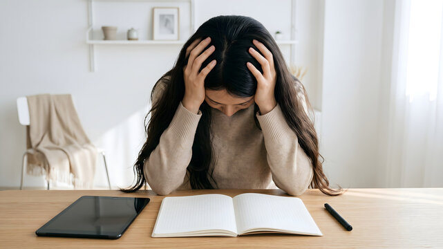 自宅で勉強に行き詰まり頭を抱えて悩むストレスを感じる女性