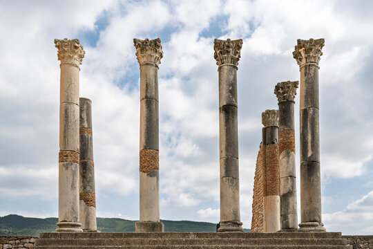 Frontal View of the Six Capitol Columns, Volubilis, Morocco