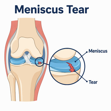 Knee joint showing meniscus tear in medical illustration