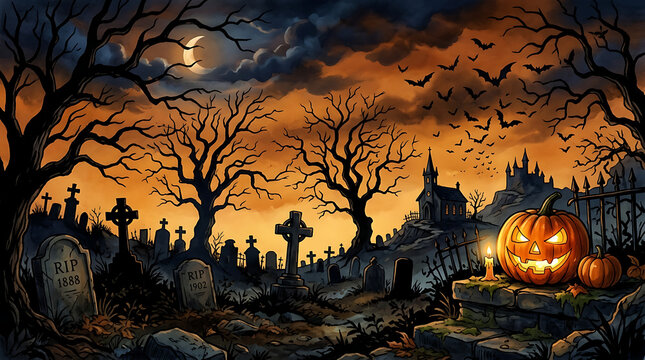 Spooky halloween pumpkin scene