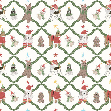Christmas Dog Seamless Pattern Vintage Holiday Puppy Lattice Star Winter Festive Fabric Pet Print