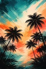 Obraz premium Colorful tropical sunset with silhouetted palm trees and vivid brushstrokes.