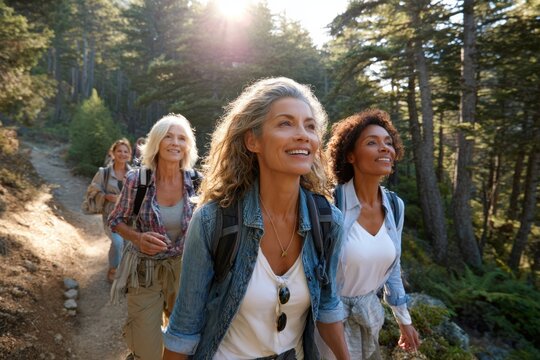 Friends enjoy a sunny hike through a beautiful forest trail near a mountain