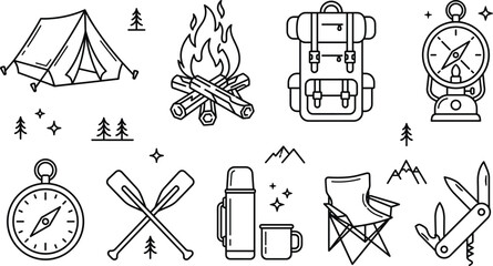 Camping and hiking line icons set for outdoor adventure tourism equipment campfire tent and nature exploration © Sabbir Studio