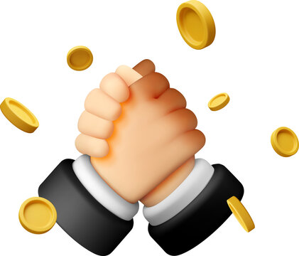3D Two businessmen shaking hands with gold coins