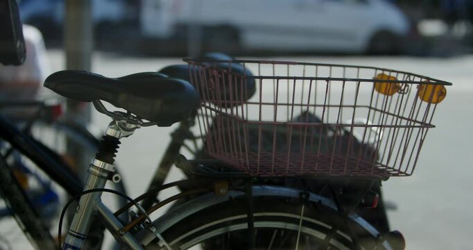 Rear view of a parked bicycle with a wire basket attached to the luggage rack at a station