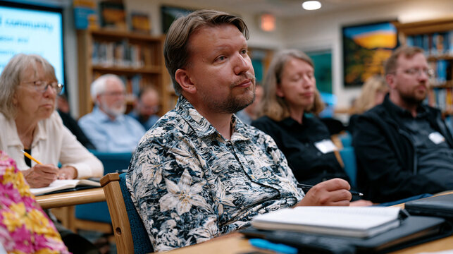 A secular humanist group meets in a public library conference room, a projected presentation titled reason and community visible on the wall, participants of varying ages taking notes and engaged in