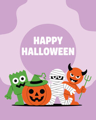 Fototapeta premium Four cartoon characters in festive Halloween costumes stand together on a vibrant purple background