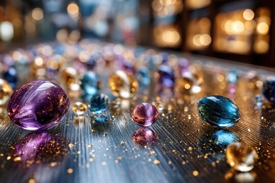 Colorful glass marbles on reflective surface with glitter